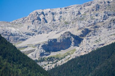 Parzn, İspanya - 25 Temmuz 2024 - İspanyol Pirenesi Dağları 'nın dibinde, Fransız sınırına yakın, Carretera Aragonesa A-138 karayolunun üzerinde enkaz ve çam ağacıyla kaplı Rocky yamaçları