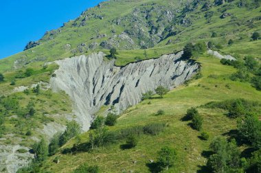 Aragnouet, France - July 25, 2024 - Rugged terrain with a heart-shaped crevasse deep in the slope, due to rockslide, in the French Pyrenees Mountains, on the road which leads to the Spanish border  clipart