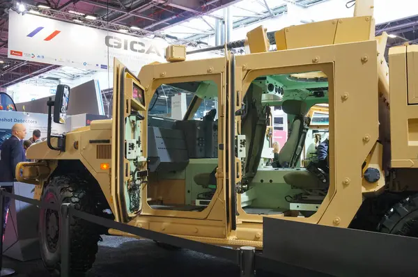 stock image Paris Nord Villepinte, France - June 20, 2024 - Multi-purpose light armored vehicle Sherpa Light Scout, exhibited on the booth of its French manufacturer Arquus, at Eurosatory International Arms Fair