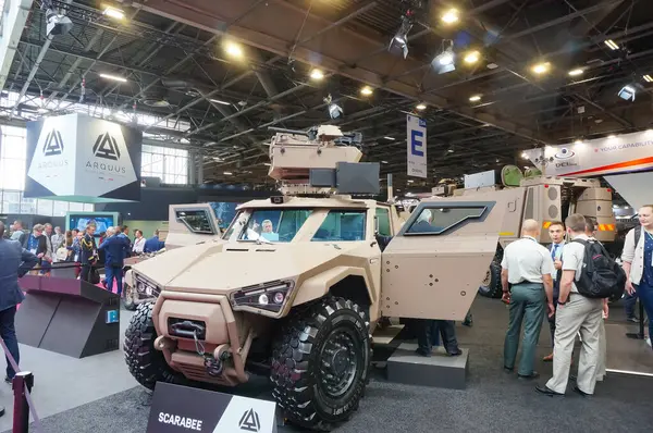 stock image Paris Nord Villepinte, France - June 20, 2024 - Arquus Scarabe on display at Eurosatory Arms Show: potentially the next French Army's VBAE (cavalry vehicle), it features a hybrid and stealth design