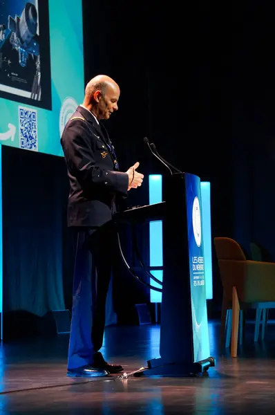 stock image Paris-La Dfense, France - June 25, 2024 - Major-General Philippe Adam, Commander of the French Space Command, gives a speech at 