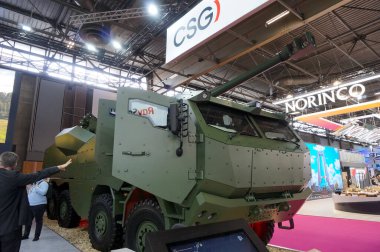 Paris Nord Villepinte, France - June 20, 2024 - Armoured cabin of the Morana 8x8 self-propelled howitzer presented by its Czech manufacturer Excalibur Army (CSG Defence) at Eurosatory Arms Show clipart