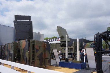 Paris Nord Villepinte, France - June 25, 2024 - French-European Eurosam's Mamba SAMP-T air defence system at Eurosatory Arms Show: Thales Ground Master radars and MBDA Aster surface-to-air missiles clipart