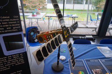 Toulouse, France - Oct. 12, 2024 - Mock-up of Tolosat, a future low-Earth orbit 3U Cubesat developed by students from French universities e.g. ISAE, for SSH communications and gravimetry experiments clipart