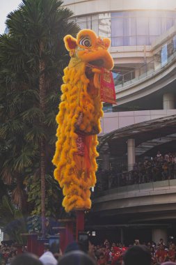 Balikpapan, Endonezya - 4 Şubat 2024. Aslan dansı bayrağı ağzından çıkarır..