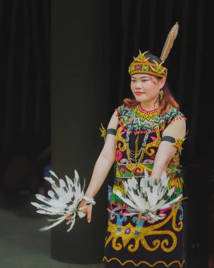 IKN, Indonesia - November 24th, 2024. the Dayak girl is performing a traditional Hornbill bird dance. and she is wearing a bird feather adornment on both her hands. clipart