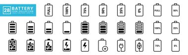 Pil ikonu koleksiyonu, enerji, güç, şarj, tam, düzenlenebilir ve yeniden boyutlandırılabilir EPS 10.