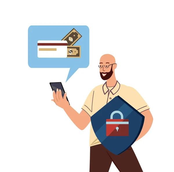 Mobile Personal Data Protection Concept Character Get Money Online Safeguard — Vettoriale Stock