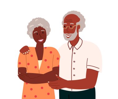 Afrikalı yaşlı çift portresi. Yaşlı adam, kadın sarılması, destek. Mutlu yaşlı aile, eş. Romantik ilişkilerde yaşlı karı koca.