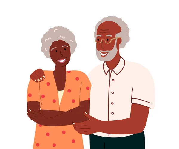 黒人肌老人 女性抱擁 サポート ハッピー高齢者の家族 配偶者 ロマンチックな関係の高齢者の妻と夫 フラットベクトルイラスト孤立 白の背景 — ストックベクタ