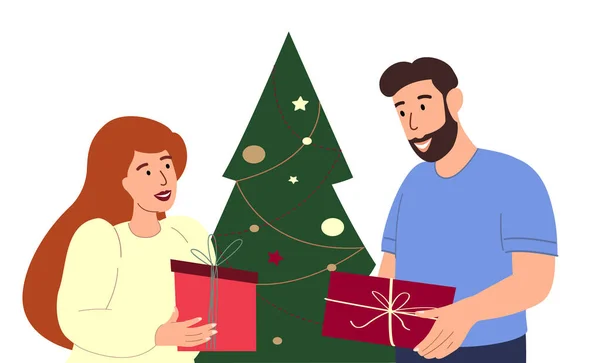 Щаслива Молода Романтична Пара Презентує Подарунок Освячує Різдво Новий Рік — стоковий вектор