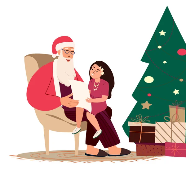 Criança Leia Poema Para Santa Claus Little Girl Reunião Personagem — Vetor de Stock
