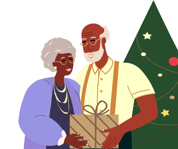 Happy Old African Aged Couple Presented Gift Celebrating Christmas New — 스톡 벡터