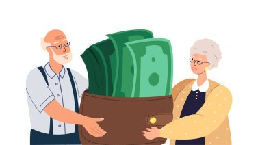Mutlu Yaşlı Emekliler Erkek Karakterleri Büyük Para Yığını Altında. Mali Servet, Emeklilik kesintileri, Tasarruf ve Varlıklı Emeklilik kavramı. Halkın Düz Vektör İllüstrasyonu