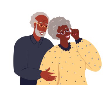 Gülümseyen yaşlı Frican çifti, mutlu yaşlı adam, kadın kucaklaşması ve flörtleşmesi. Mutlu ilişkiler. Yaşlı siyah derili Afro-Amerikan eşler. Beyaz arka planda izole edilmiş düz vektör illüstrasyonu.