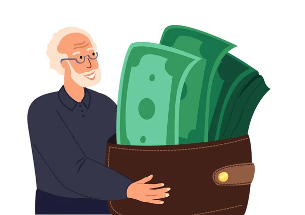 Happy Senior Pensioner Man Man Karakter Houd Enorme Portemonnee Met — Stockvector
