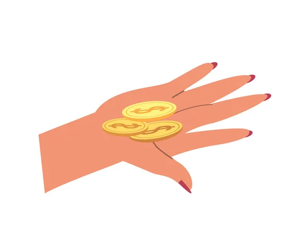 Monedas Oro Palma Mujer Mano Que Sostiene Dinero Efectivo Finance — Archivo Imágenes Vectoriales