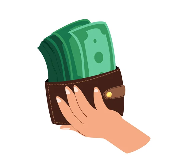 Hand Palm Утримує Гаманець Купою Грошей Green Bills Notes Cash — стоковий вектор