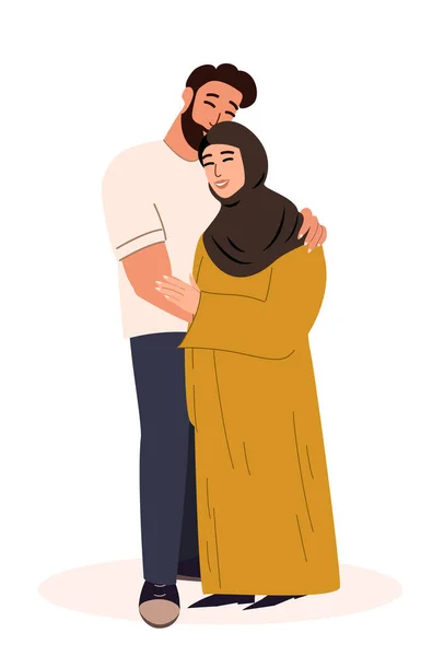 Happy Young Romantic Muslim Couple Together Arabian Wife Hijab Husband — Stock Vector