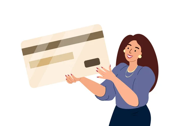 Frau Mit Kreditkarten Banksystem Kunde Bezahlt Mit Elektronischem Bargeldlosen Geld — Stockvektor