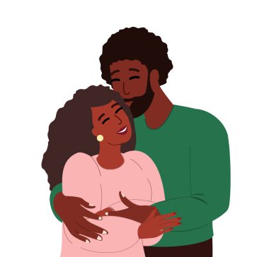 Happy Young African Romantic Couple together.Black Wife,Husband hug each other.Supporting,Warm,loving relationships.Family people trust.True Love.Smiling Romantic Woman, Man.Flat vector illustration