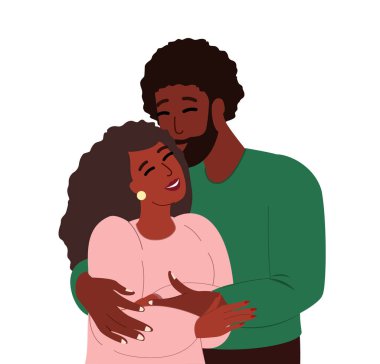 Happy Young African Romantic Couple together.Black Wife,Husband hug each other.Supporting,Warm,loving relationships.Family people trust.True Love.Smiling Romantic Woman, Man.Flat vector illustration