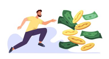 Greedy man chasing for big money.Cash race concept.Mercantile Competitor striving for richness and wealth.Character running to hit jackpot.Colored flat vector illustration isolated on white background clipart