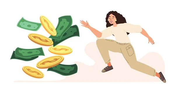 Greedy Woman Chasing Big Money Cash Race Concept Mercantile Competitor — Image vectorielle