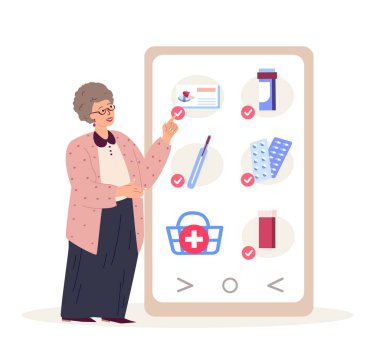 Retired Old Woman Ordering Medicines Online.Pensioner Choose tablets,medical supplies on Pharmacy Online.First Aid Kit. Medicament, Drugs,Remedy. Home Shopping. Buy in Application.Vector Illustration