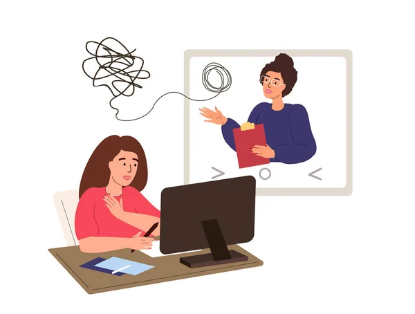 Woman Psychologist Online Session Zoom Woman Talks Her Problems Therapist — Stock Vector