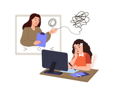 Psychological Help for Children Online session,zoom.Girl on Psychiatry Therapy. Woman Psychologist Support Kid Girl,Help to overcome Depression online video call on Laptop. People Vector Illustration clipart