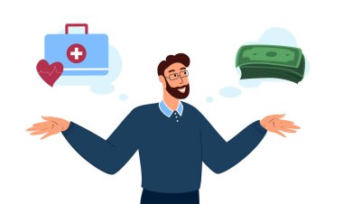 Kariyer ve Sağlık arasında seçim yapan bir adam. Para Tasarruf ve Tıbbi Faturalar Arasında Para Seçimi. Para ve Sağlık Bakımı Hakkında Düşünen Adam.