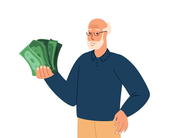 Happy Senior Retired Pensioner Man Male Character Hold Pile Money — Stock vektor