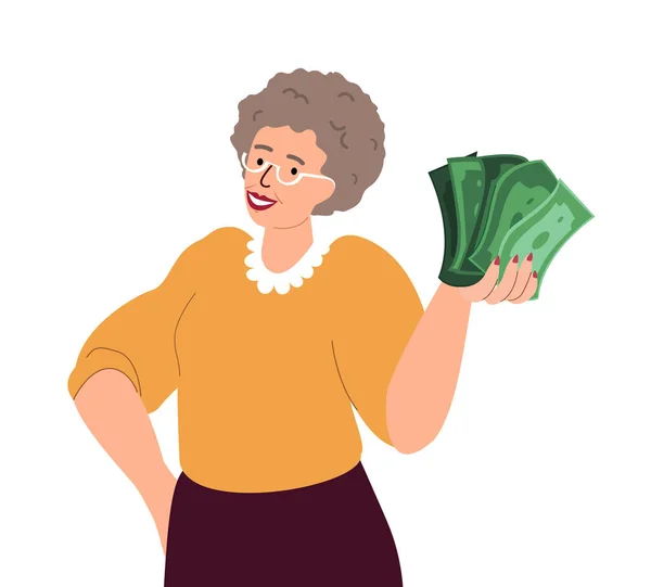 Happy Senior Retired Pensioner Woman Female Character Hold Pile Money — Stock vektor