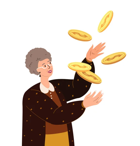 穷苦但快乐的老妇人手握金币 已退休的失业乞丐 穷苦的人 — 图库矢量图片