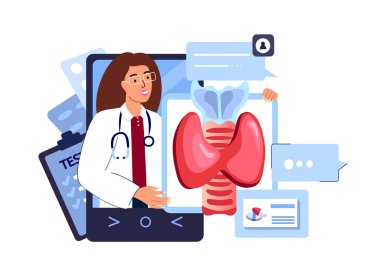 Çevrimiçi Endokrinolog Doktor Danışmanlık, e-sağlık konsepti. Tiroid Patolojisi, Anormal Bez, Pineal Organ, Ultrason. Ev İnternet Tedavisi. Dijital Tıp Hastanesi Teşhisi. Vector Illustration