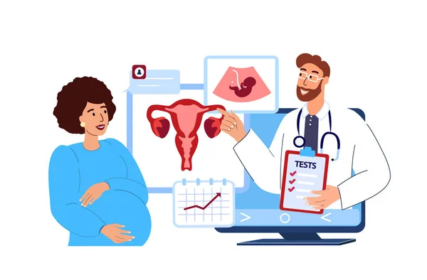 Gynaecoloog Doctor Consultate Zwangere Vrouw Toekomstige Moeder Online Digitale Echografie — Stockvector