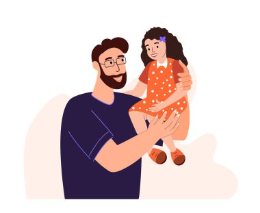 Father and Daughter spend time together.Happy father Daddy keep child Girl on hands.Family Loving and Warm relationships,Girl Kid trust her Dad.Man support his Child.Flat vector isolated illustration