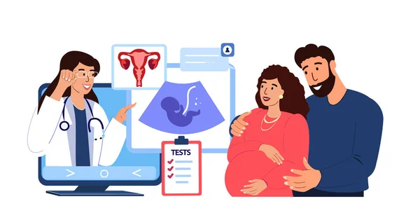 Gynecologist Doctor Consultate Pregnant Woman Man Online Digital Ultrasound Prenatal — Stockový vektor