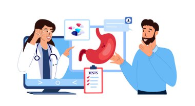 Online Doctor Gastroenterologist Consulating Patient.Curing Stomach Ache,Gastritis.Online Diagnostics,Medical Application.Clinic Consultation on Laptop,Zoom.Medical Hospital.Flat Vector Illustration