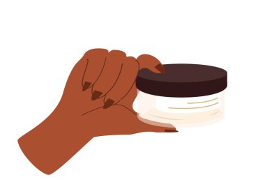 Elinde jöle kremi olan kozmetik ambalajı. Cilt bakımı için güzellik ürünleri. Güzellik rutini ve bakımlı deri için organik yüz kremi. Beyaz arkaplanda izole edilmiş düz grafik vektör çizimi.