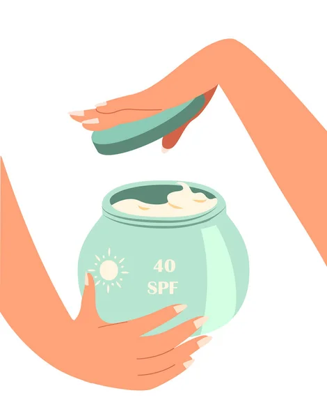 Mãos Segurar Frasco Creme Com Forte Spf Level Sunscreen Produto —  Vetores de Stock