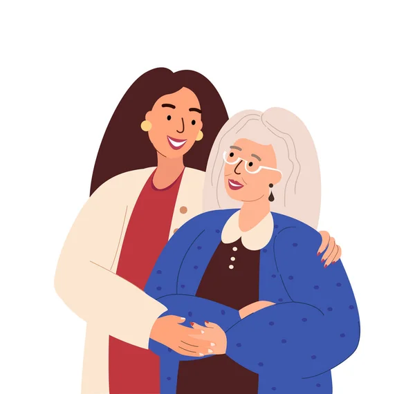 幸せな引退したお母さんと大人の娘の肖像は お互いを抱擁します 白に隔離された成熟した親や祖父母を受け入れる大人の女性 — ストックベクタ
