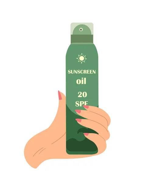 Hand Hält Grüne Flasche Sonnenpflege Spray Beruhigende Feuchtigkeitsspendende Lotion Sonnenschutzprodukt — Stockvektor