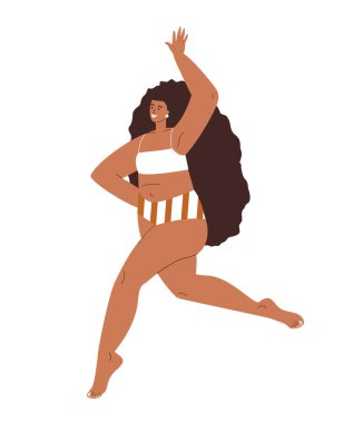 Bronz tenli, şişman, kıvrımlı, mayo giymiş seksi bir kadın. Kendine güvenen, şişman, çekici bir kız. Koşan ve el sallayan tıknaz bir kadın. Beyaz arka planda izole edilmiş düz vektör çizimi.