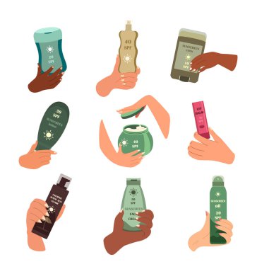 Güneş kremi tüpleri ve şişeleri güneş kremlerini farklı SPF seviyelerinde korur. Anti-UV Kremi, Losyon, Akışkan, Sprey ve Yapıştırıcı. Beyaz arkaplanda izole edilmiş renkli düz vektör çizimi