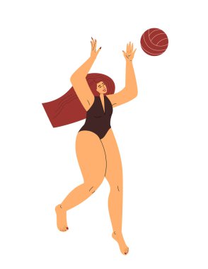 Şişman, kıvrımlı, mayo giyen, voleybol oynayan mutlu seksi kadın. Kendine güvenen, mayolu tombul kız. Modern tombul kadın. Beyaz arka planda izole edilmiş düz vektör çizimi.