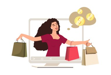 İnternetten alışveriş konsepti. Müşteri mal alıyor, sanal mağazadan alışveriş yapıyor. İnternet pazarından alışveriş yapan mutlu bir kadın. Düz vektör çizimi beyaz arkaplanda izole edildi