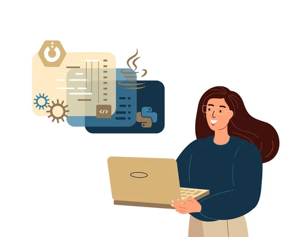 Γυναίκα Προγραμματιστής Προγραμματιστής Προγραμματιστής Εργάζεται Στην Ανάπτυξη Του Web Στο — Διανυσματικό Αρχείο
