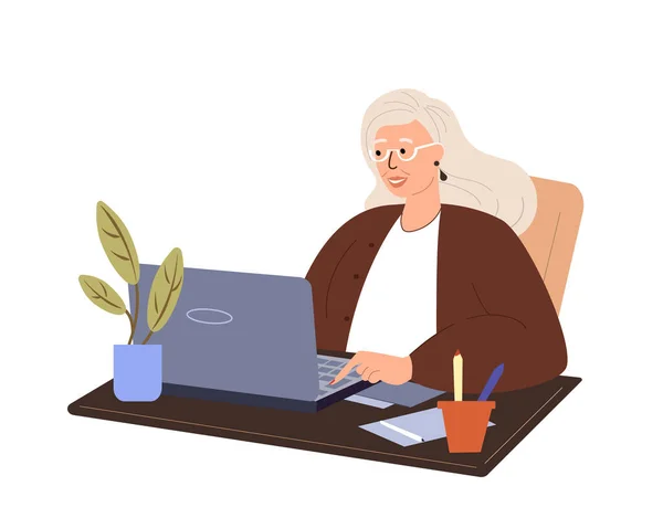 Ηλικιωμένη Συνταξιούχος Γυναίκα Χαρακτήρας Κοιτάζοντας Laptop Serving Internet Old Woman — Διανυσματικό Αρχείο